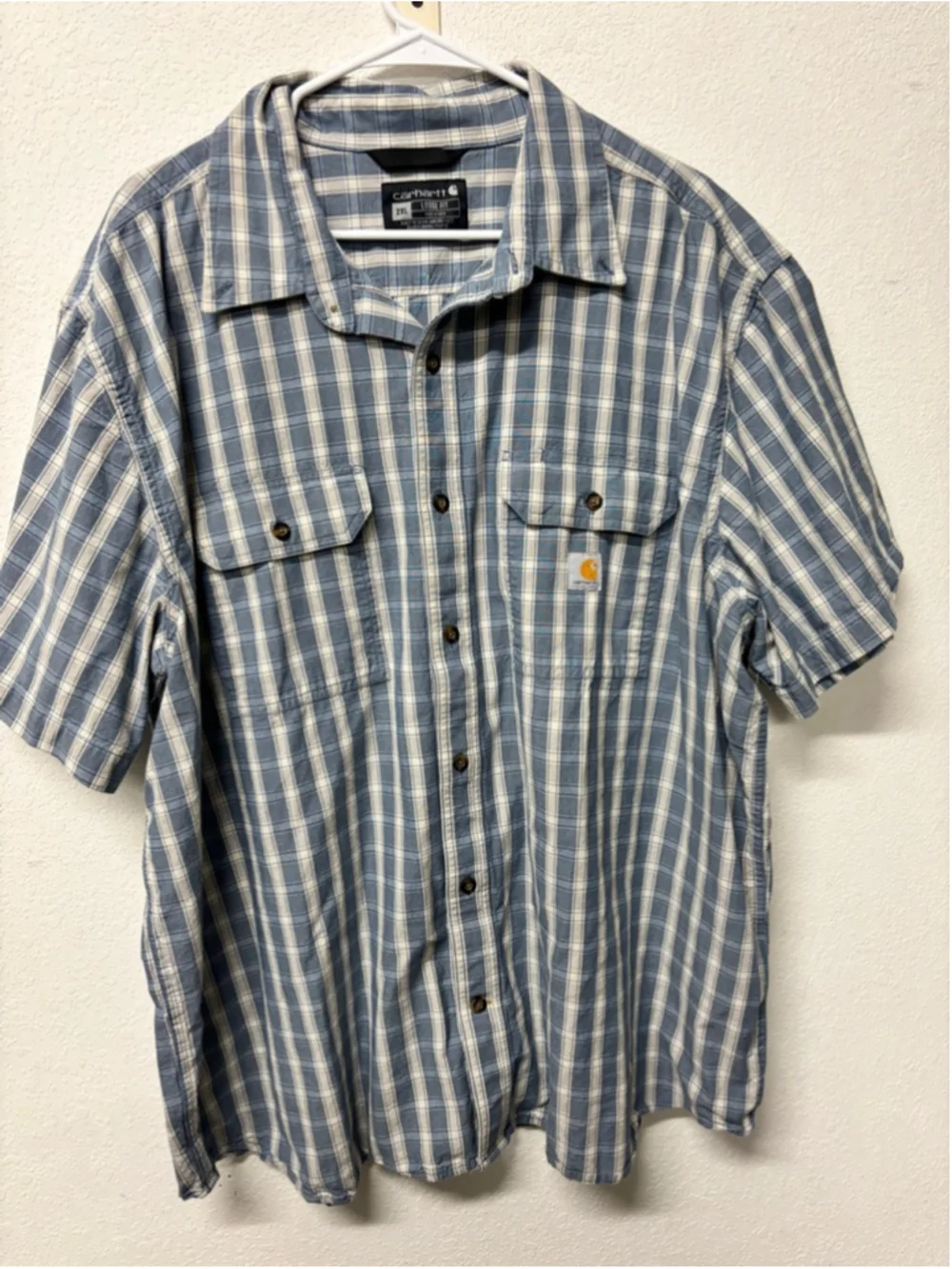 Carhartt Casual Button Down Shirt XXL Blue White Plaid 100% cotton loose fit